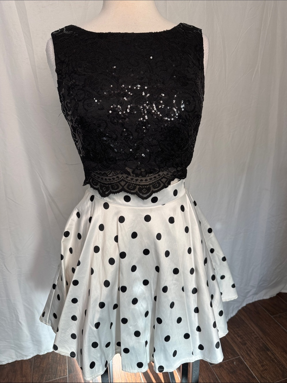 City Studio Black Sequin and Lace Crop Top & White Polka Dot Skater Skirt Size 7